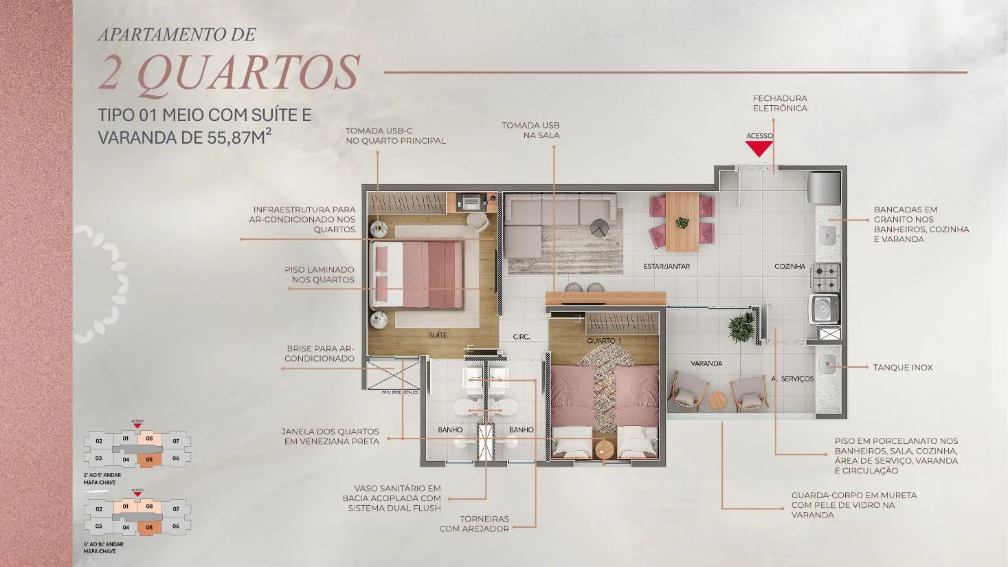 Planta de apartamento de 2 quartos com suíte e varanda do Casa Sigaud, com 55,87 m²