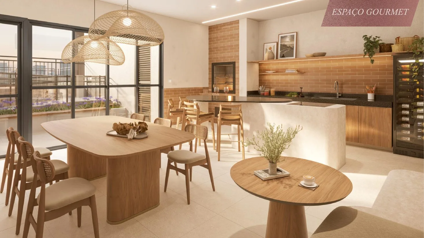 Espaço gourmet do Casa Sigaud, com bancada e mesa de jantar