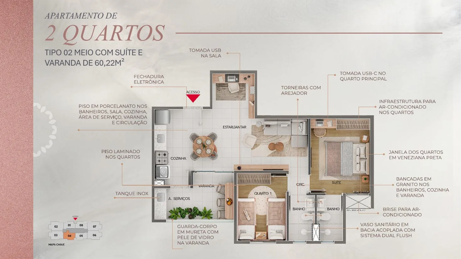 Planta de apartamento de 2 quartos com suíte e varanda do Casa Sigaud, com 60,22 m²
