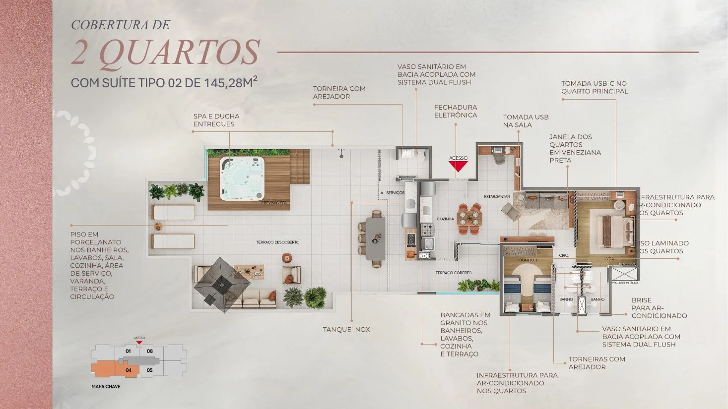 Planta de cobertura de 2 quartos com suíte, SPA e ducha do Casa Sigaud, com 145,28 m²