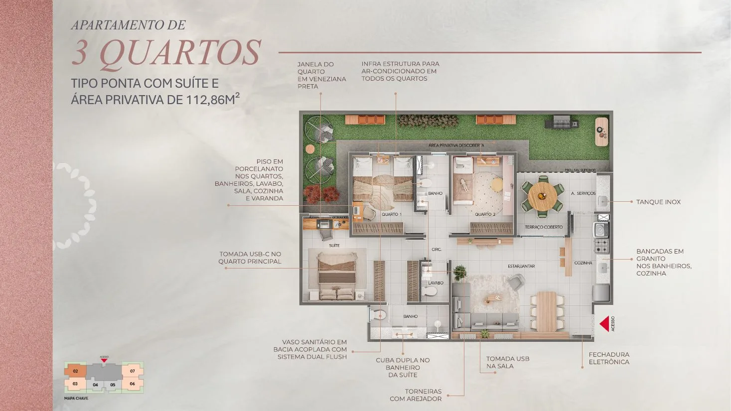 Planta de apartamento de 3 quartos com suíte e área privativa do Casa Sigaud, com 112,86 m²