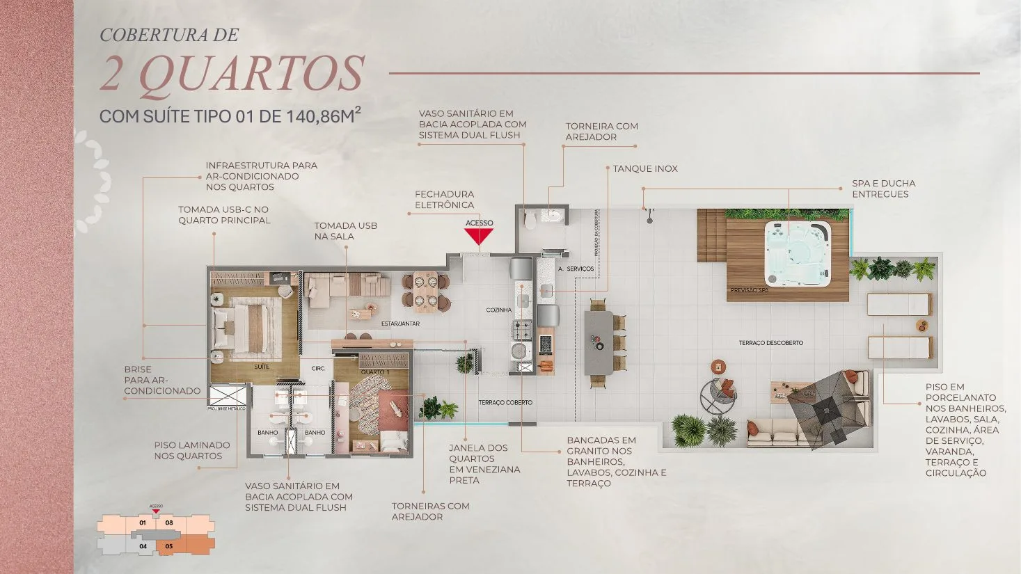 Planta de cobertura de 2 quartos com suíte, SPA e ducha do Casa Sigaud, com 140,86 m²