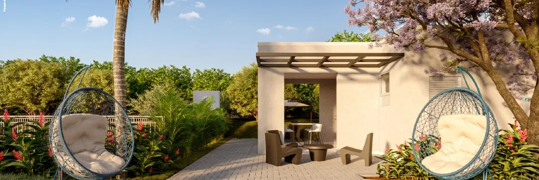 Lounge externo do Inspire Residence, com cadeiras suspensas
