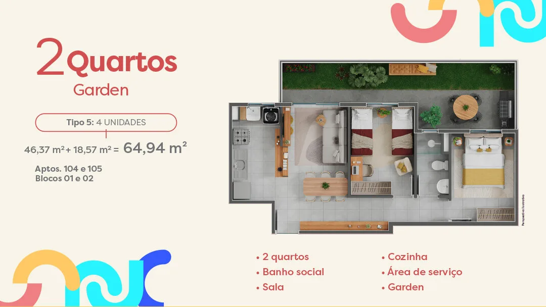 Planta de apartamento de 2 quartos com garden do Inspire Residence, com 64,94 m²