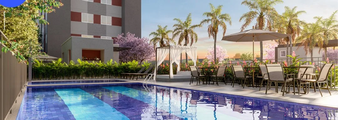 Piscina adulto e infantil do Inspire Residence, com solarium e mesas
