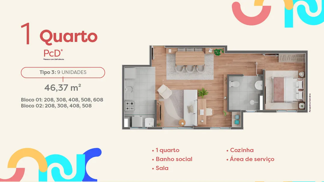 Planta de apartamento de 1 quarto PcD do Inspire Residence, com 46,37 m²