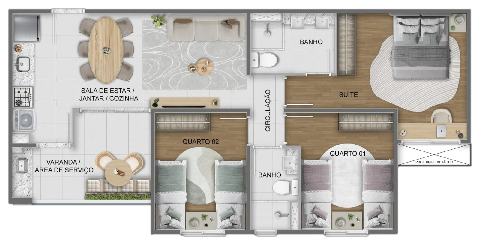 Planta de apartamento de 3 quartos com suíte e varanda do Casa Sintra, com 69,53 m²